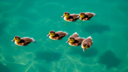 Seven ducklings swimming together in clear blue-green water
