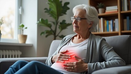 An elderly woman is sitting on the sofa at home, holding her stomach with her hands. Feels the pain of internal organs, indigestion, poisoning, menstrual pain.