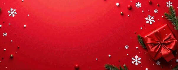 Bright red wrapping paper with scattered snowflakes, snow, holiday