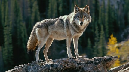 Obraz premium A wolf standing on a rocky ledge in a forest.