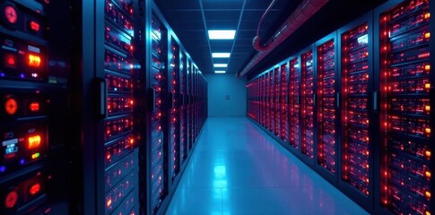 Brightly lit server room, showcasing advanced cooling systems and high-density server arrays , racks, energy efficient, high density