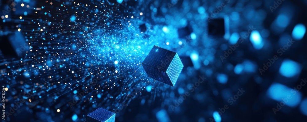 Fototapete Abstract Digital Data Stream: Cubes and Glowing Particles in a Blue Digital Universe