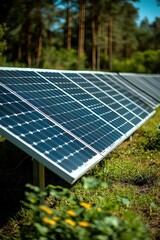 Solar serenity Panels gleam amidst forests edge green whispers