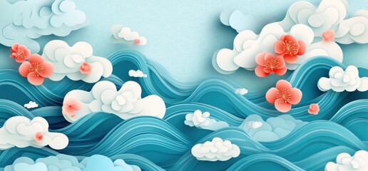 Serene Paper Art: Ocean Waves and Blossoms