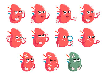 Cute kidney cartoon characters with various facial expressions and emotions, including happy, sad, angry, and sick, perfect for medical and healthcare illustrations.