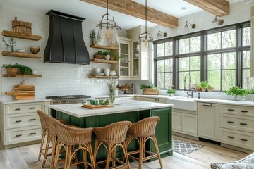Elegant farmhouse kitchen with white oak cabinets, dark green island, black hood, wicker barstools, floating shelves, stainless steel appliances, and abundant natural light.