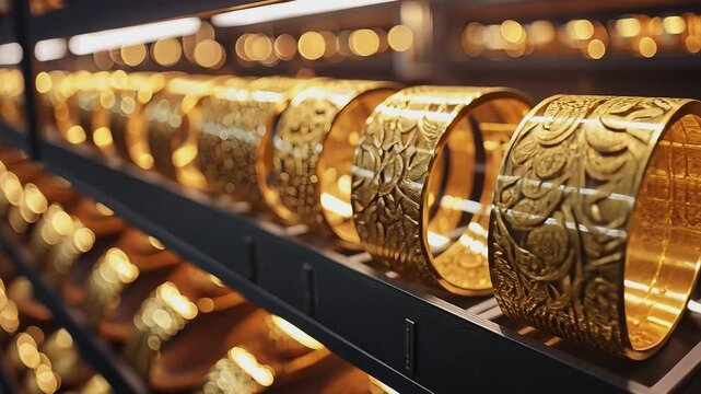 Golden Radiance: A captivating display of meticulously crafted, radiant golden bangles gleam under soft light, offering a glimpse of opulence and timeless elegance.