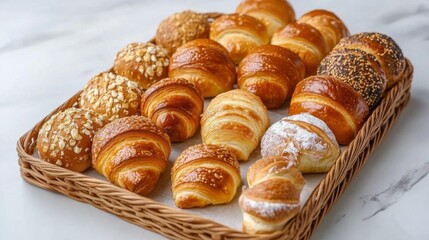 Freshly baked croissants with sesame seeds in a basket.
