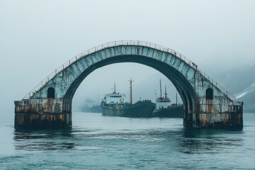 Fototapeta premium Boat passing under bridge on water.