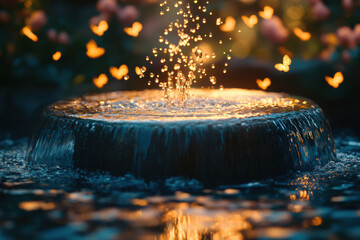 Dancing water arcs through spark-filled fountain, illuminated at night, creating a mesmerizing display.