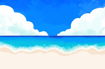 水彩風の青空と白い雲と波打ち際のイラスト（正面）