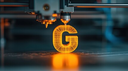 3D Printing Technology with Letter G in Progress, Advanced Machine, Orange Filament, Close-Up View