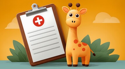 Fototapeta premium Cute Cartoon Giraffe with Medical Clipboard on Background with Orange Sky and Green Foliage