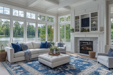 Sleek coastal living room with blue and white accents, comfortable seating, ottoman, fireplace, built-in cabinets, and natural light from large windows.