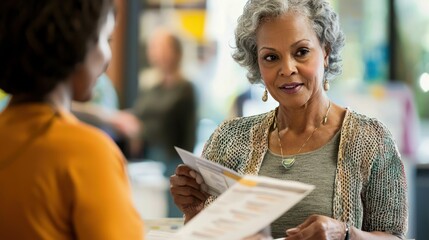 A woman handing out pamphlets at a community health fair.
