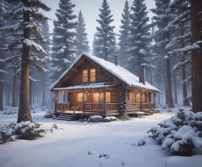 Snow-dusted pines frame cozy cabin, soft snowfall , snowy, background