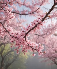 Soft pink sakura petals gently descend, blurred tree branches in background ,  texture,  cherry