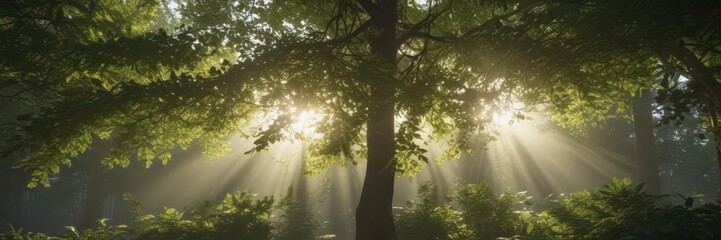 Obraz premium Sun's rays pierce dense leaves, creating radiant shafts of light, nature, ecology, spring