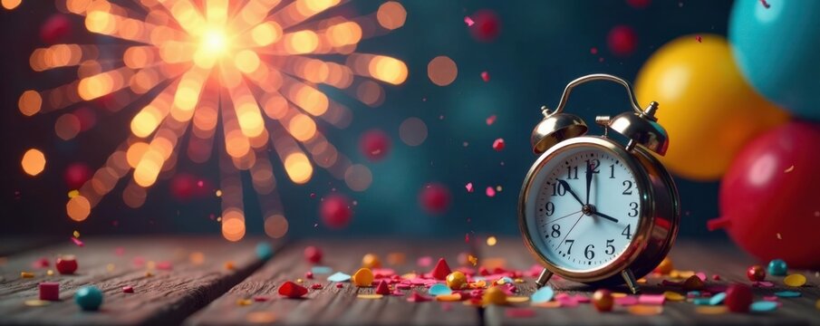 Small clock with fireworks exploding in the background surrounded by confetti and balloons , party, new year, clock