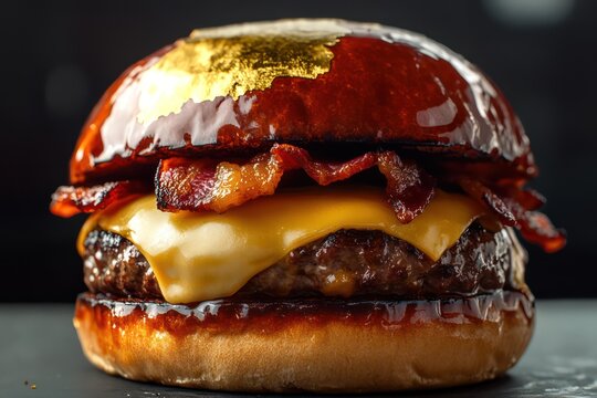 handcrafted burger thick juicy patty topped aged cheddar smoked bacon glossy honey-brushed bun Gold leaf accents top giving extravagant appeal background dark
