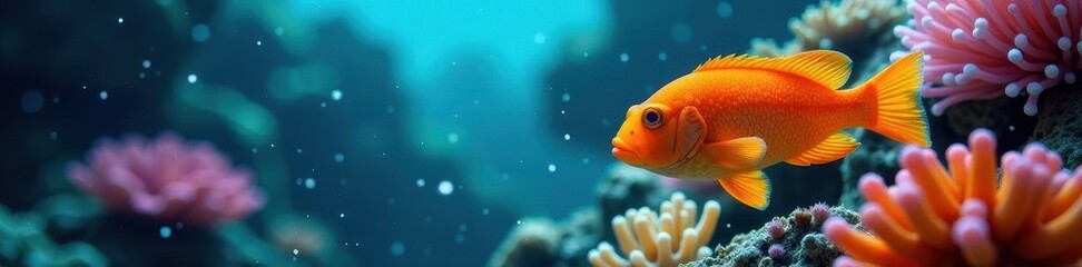Bright orange fish swims amidst coral, striking spots, underwater photo, photo, sea