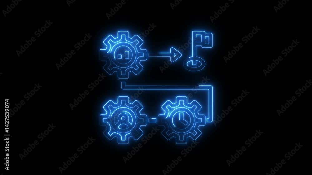 Aufkleber animated workflow process with gears and target in neon style on black background
