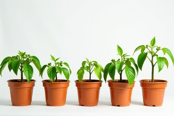 Obraz premium Several healthy tomato plants in individual pots against a pure white backdrop , vegetable, summer