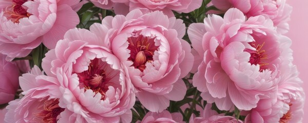 Obraz premium Tightly packed pink peony blossoms, soft pink background , romantic, plant, nature