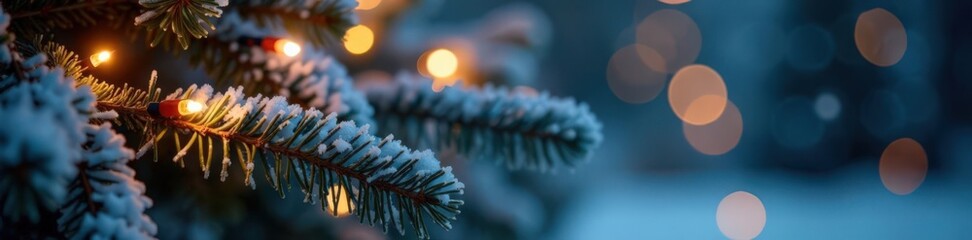 Twinkling Christmas lights wrapped around frosty pine branches, tangled, winter landscape, holiday decorations