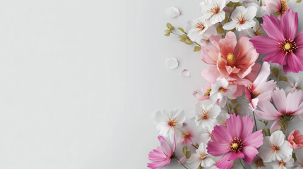 春の花々が彩る白背景のフレーム風レイアウト