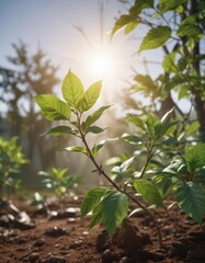 Tender coffee shoots emerging, leaves unfurling towards the sun ,  sun,  ecology,  garden