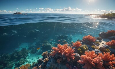 Naklejka premium Sun-dappled ocean surface, vibrant coral reef below, rays, scenic