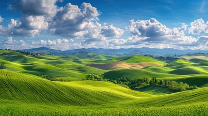 Fototapeta premium A panoramic view of a countryside landscape with rolling hills and farmlands.