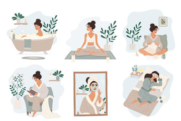 Vector set of six illustrations showing a young woman in various self care activities, bath, meditation, reading, knitting, skincare and sleeping. Minimalist flat style, isolated on white