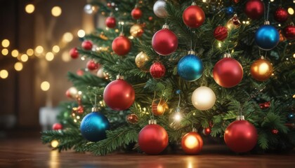 Vibrant baubles adorn a Christmas tree, bokeh lights glow ,  shine,  holiday lights,  blurred