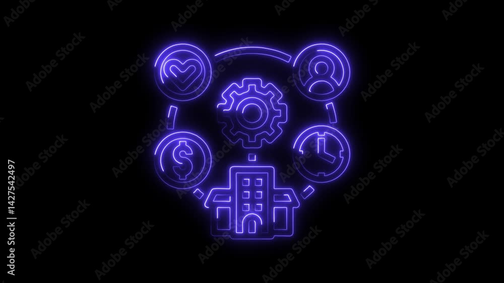 Poster business strategy neon style animation illustrating interconnected concepts on black background