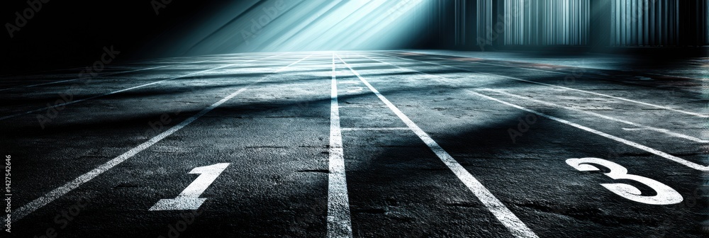 Poster minimalist running track with numbered lanes one to three featuring soft shadows and illuminated ele