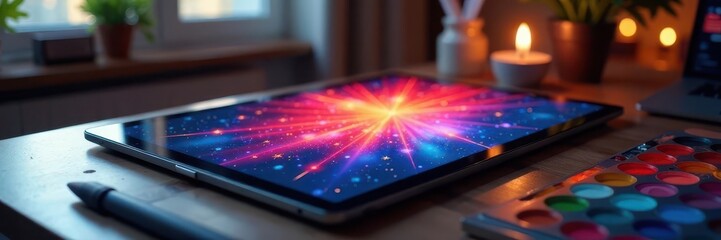 Vibrant digital art workspace Tablet, color palettes, design software , design, mood board