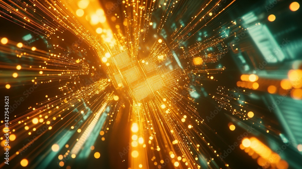 Poster dynamic digital network radiating from a central core.