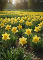 Obraz premium Sunlit daffodils burst forth in a vibrant yellow against a lush green field , background, golden, bright yellow