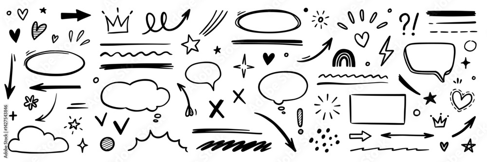 Poster line hand drawn brush marker arrow, heart shape element set. hand drawn sketch marker underline shap