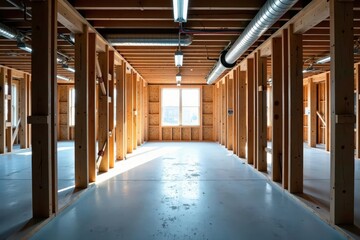 Exposed wiring being run through new commercial building framework, maintenance, work, interior