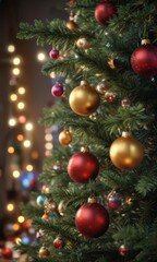 Vibrant baubles adorn a Christmas tree, bokeh lights glow ,  ornaments,  bright