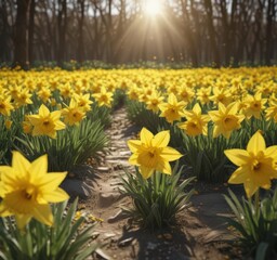 Fototapeta premium Sunlit field of vibrant yellow daffodils, petals glistening , nature, texture