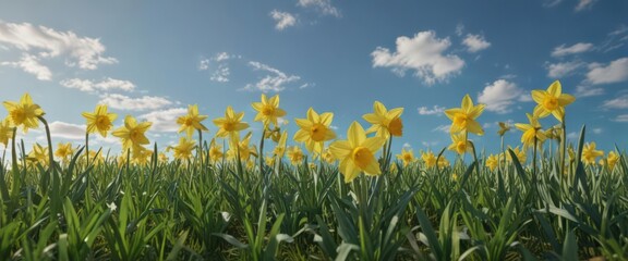 Sunny yellow daffodils burst forth in a vibrant green meadow under a brilliant blue sky ,  blossom,  natural,  pollen