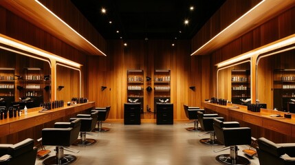 Modern, sophisticated salon interior with wooden accents.