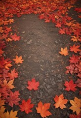 Vibrant red and orange maple leaves scattered on forest floor, texture, stock photo
