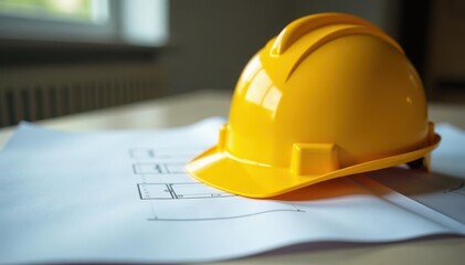 Yellow hard hat on blueprints, construction site office , site, industry