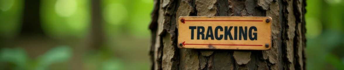 Fototapeta premium Tracking and hunting labels on wooden tree trunk, labels, tree trunk, track