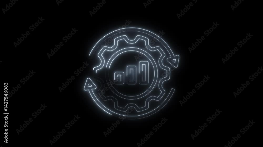 Poster animated neon style processing icon with gear and graph on black background